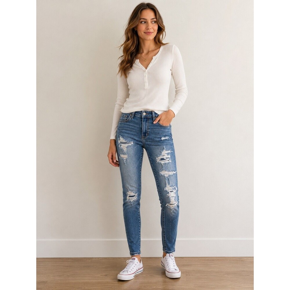 American Eagle Women’s High Rise Distressed Skinny Jeans Ripped Stretch Blue 6R